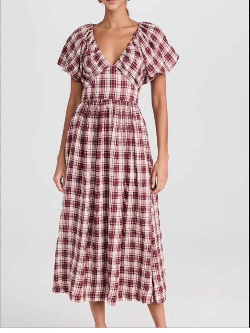 En Saison Burgundy and Cream Plaid V-Neck Midi Dress